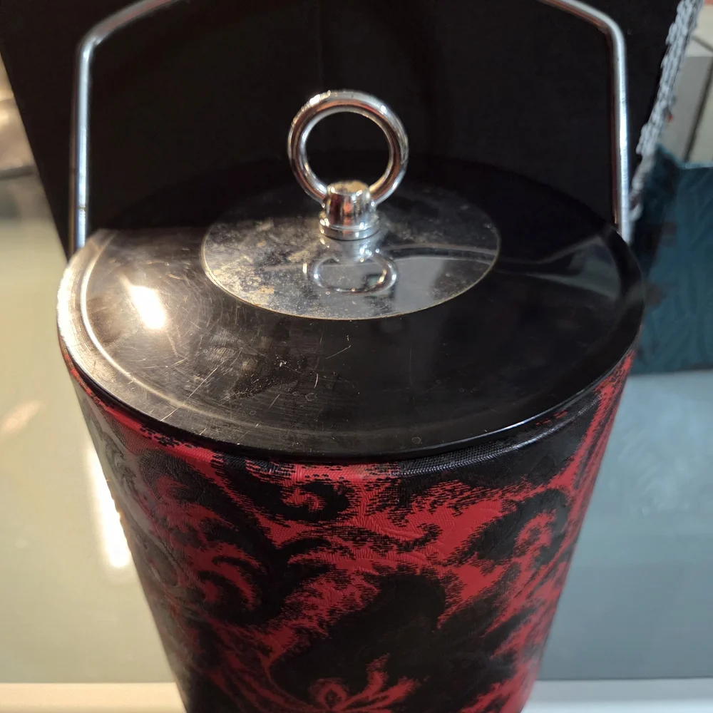 Vintage MCM Thermo Ice Bucket Black & Red, Silver Tone - Very GROOVY! 1960s!!